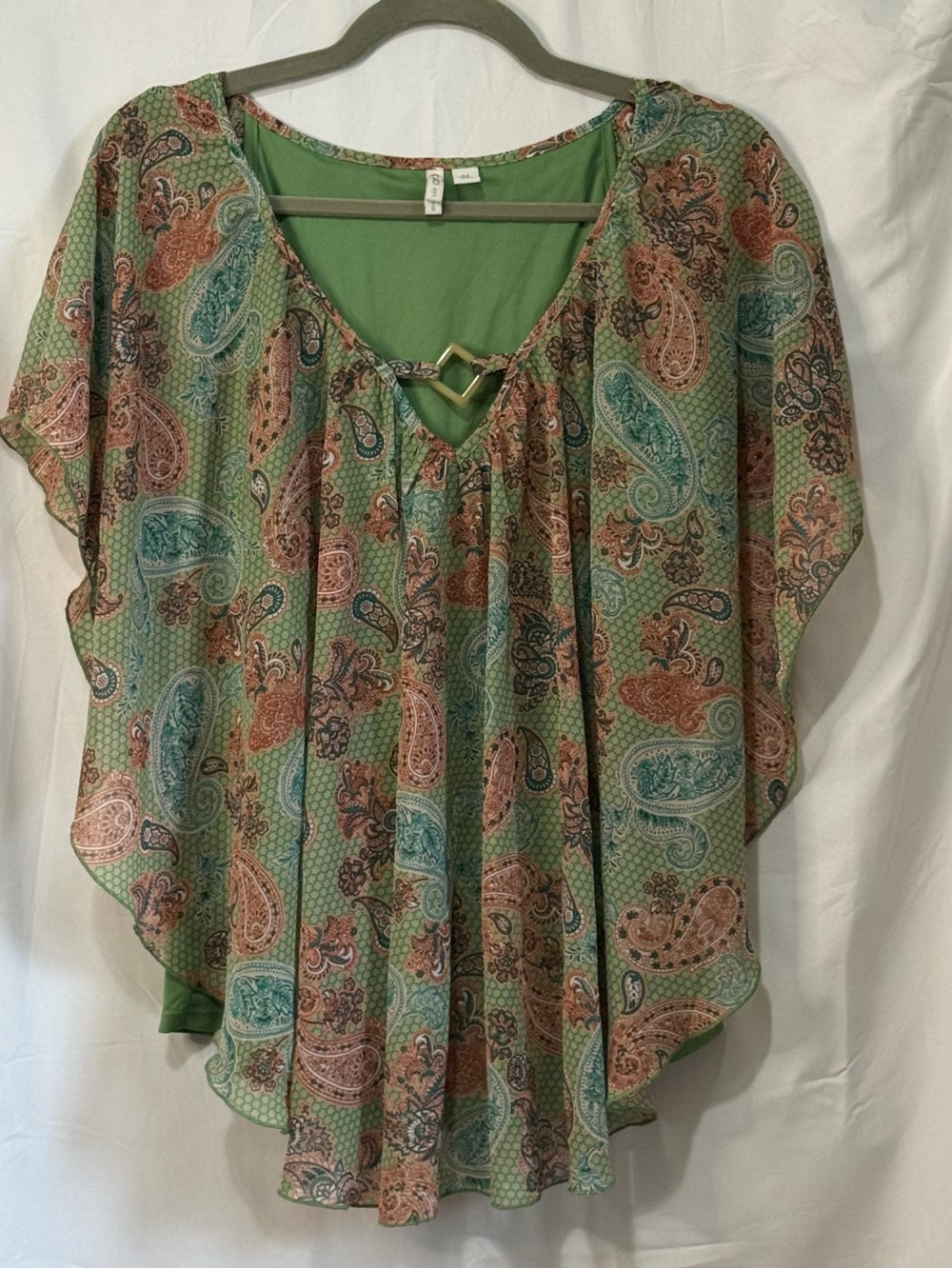 Cato Green Boho Paisley Keyhole Tunic with Coral Accents